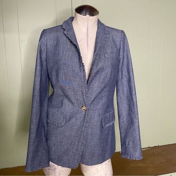 J. Crew Regent Blazer Jacket Chambray Denim Ruffles Academia Career Office Sz 0 - Picture 2 of 15